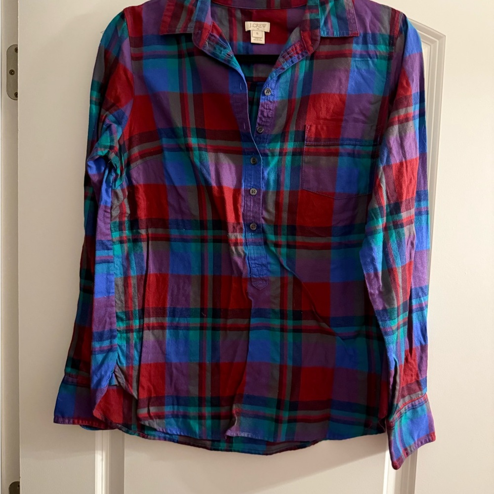 J. Crew Factory Multicolor Plaid Button Down Popover Shirt Size Small